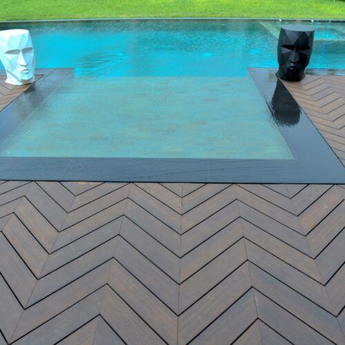 MOSO® Bamboo X-treme® Decking boards installed with a chevron pattern on the outside terrace