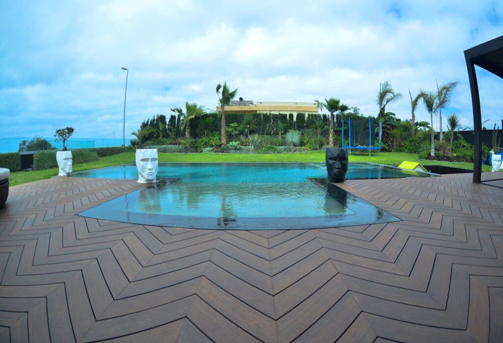 MOSO® Bamboo X-treme® Decking boards installed with a chevron pattern on the outside terrace