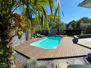 MOSO® Bamboo X-treme® Decking is installed on Grad installation system in a private garden in Haguenau